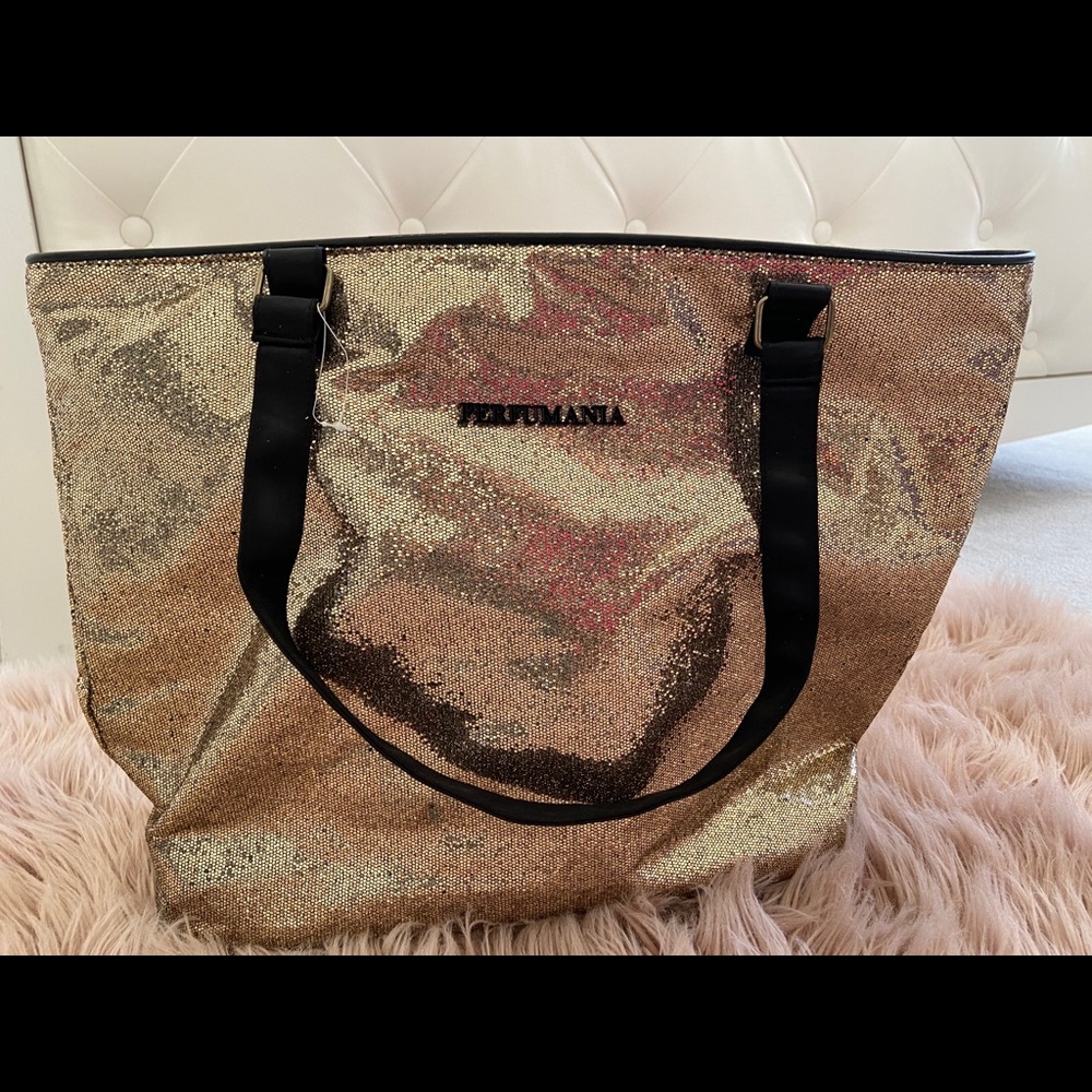 !Brand new PERFUMANIA Gold Glitter Tote Bag